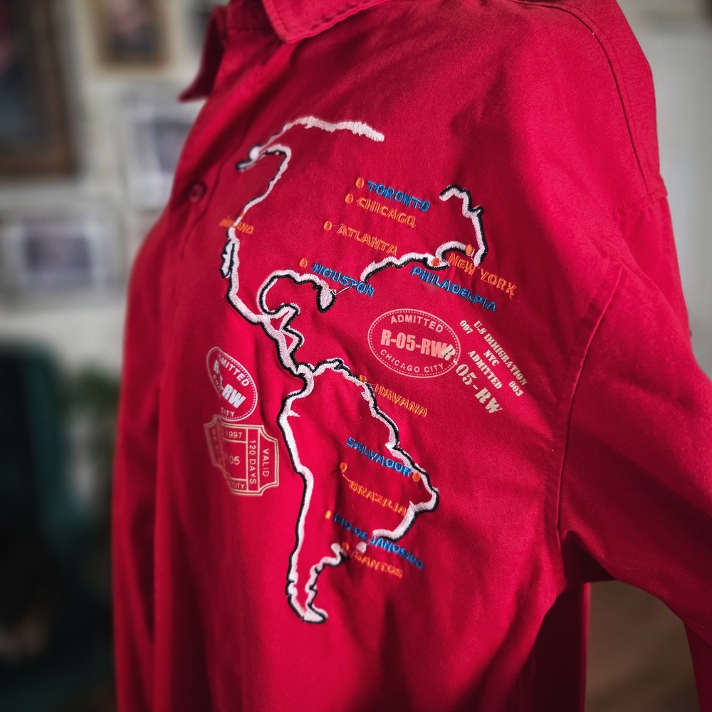Russo Wear Red Long Sleeve Button Up Shirt Travel Map Graphic Streetwear - Picture 5 of 8